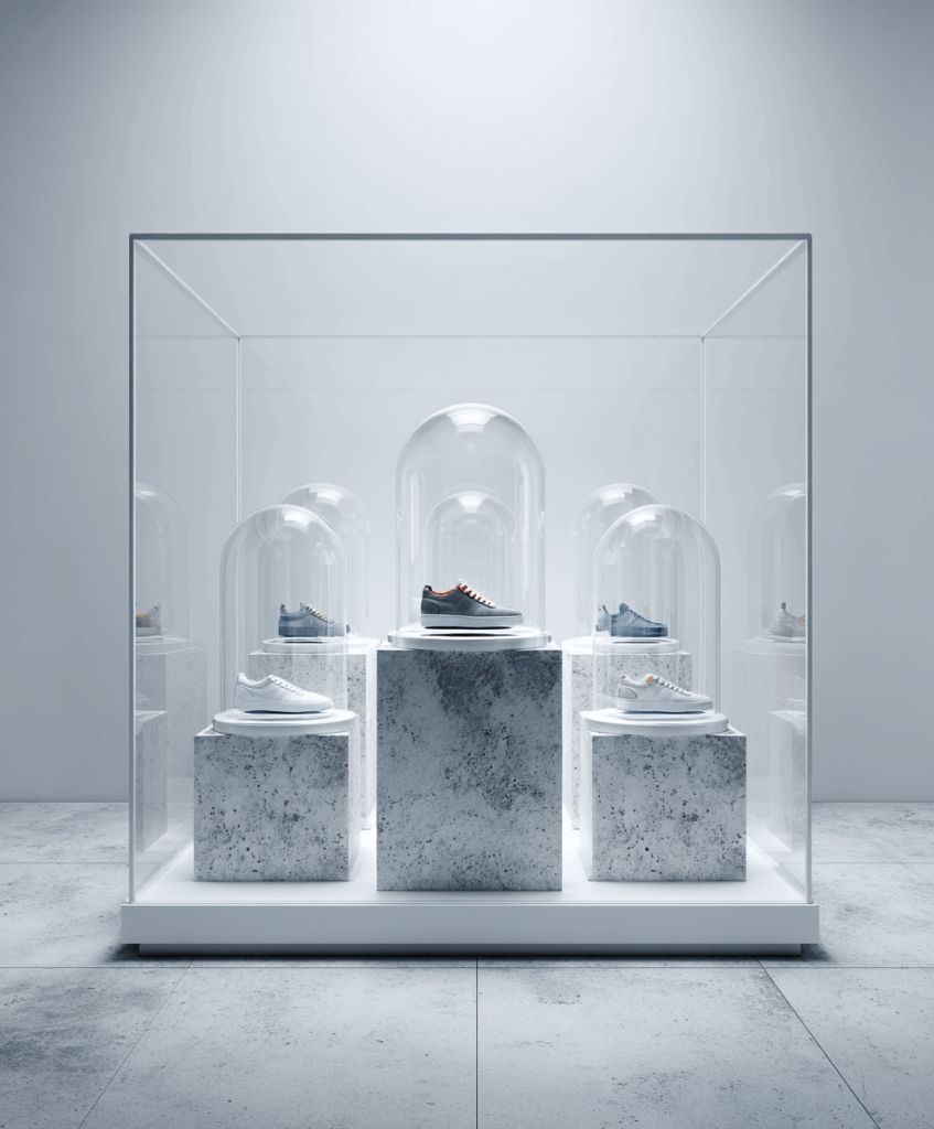 Services agence communication audiovisuelle : mise en scène produit créative avec chaussures exposées sous cloches de verre en studio